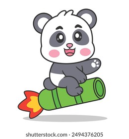 Cute Panda Riding Bamboo Rocket Cartoon Vector Icon Illustration. Animal Transportation Icon Concept Isolated Premium Vector. Flat Cartoon Style