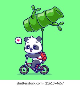 Cute Panda Riding Bicycle With Bamboo Balloon Cartoon Vector Icon Illustration. Animal Transportation Icon Concept Isolated Premium Vector. Flat Cartoon Style