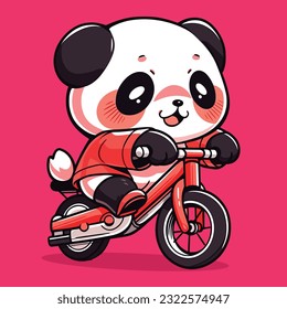 Cute Panda Riding Bike. Animal icon concept premium Vector illustration