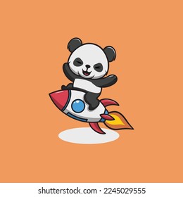 Cute Panda Riding Rocket Cartoon Illustration