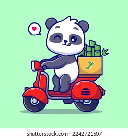 Cute Panda Riding Scooter With Bamboo Box Cartoon Vector Icon Illustration. Animal Transportation Icon Concept Isolated Premium Vector. Flat Cartoon Style