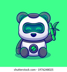 Cute Panda Robot Holding Bamboo Cartoon Vector Icon Illustration. Animal Technology Icon Concept Isolated Premium Vector. Flat Cartoon Style