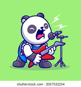 Cute Panda Rocker Sing With Guitar Cartoon Vector Icon Illustration. Animal Music Icon Concept Isolated Premium Vector. Flat Cartoon Style