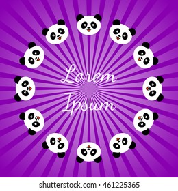 cute panda, round frame at pink background with place for text