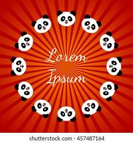 cute panda, round frame at red background with place for text