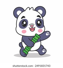 Cute Panda Running With Bamboo Cartoon Vector Icon Illustration. Animal Nature Icon Isolated Premium Vector. Cartoon Style