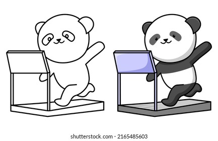 Cute panda running on treadmill coloring page for kids