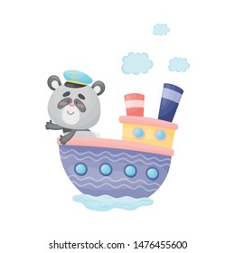 Cute panda sailing on the steamer. Vector illustration on white background.