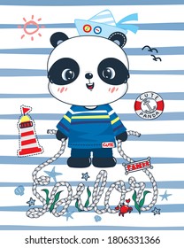 Cute panda sailor cartoon holding rope hand drawn lettering sailor standing on blue and white striped background illustration vector. 