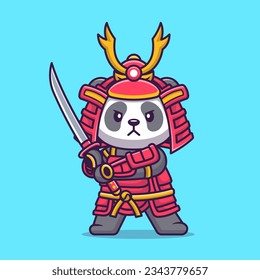 Cute Panda Samurai With Katana Sword Cartoon Vector Icon Illustration. Animal Holiday Icon Concept Isolated Premium Vector. Flat Cartoon Style