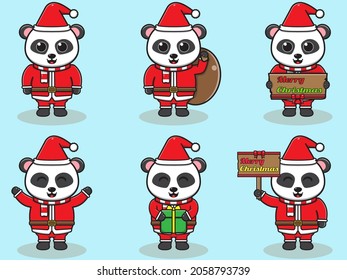 Cute Panda Santa Claus vector illustration. Vector illustration isolated on light blue background. Good for icon, label, sticker, clipart.