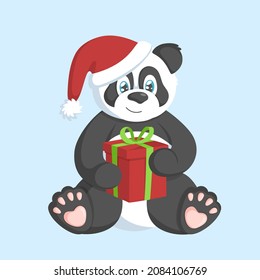 Cute panda in santa hat with red gift box. Holiday concept.