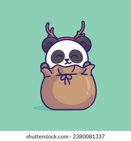 Cute panda in santa sack simple cartoon vector illustration christmas concept icon isolated