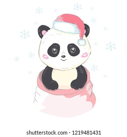 Cute panda in Santa's hat in red bag with gifts vector image isolated.