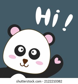 Cute panda says hello. An image for a children's postcard, holiday invitations, greetings, decoration of a children's room. Flat style illustration for cover design, notebooks, mugs, fabrics