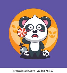 Cute panda scared by ghost in halloween day. Cute halloween cartoon illustration.