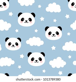 Cute Panda Seamless Pattern, Animal Background with Clouds for Kids