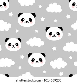 Cute Panda Seamless Pattern, Animal Background with Clouds for Kids