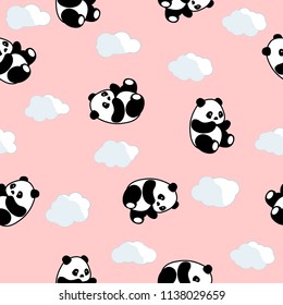 Cute Panda Seamless Pattern, Animal Background with Clouds for Kids