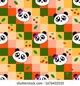 Cute Panda Seamless Pattern, Animal with Checkerboard background. Red cherries and green leaves as an element