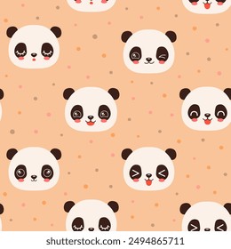 Cute panda seamless pattern. Animal head kawaii face panda bear repeat design for kids textile, paper print. Trendy color peach fuzz background.