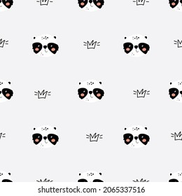 Cute panda. Seamless pattern with baby panda and crown on a gray background. Children's illustration for postcards, posters, designing clothes and decor