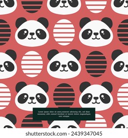 Cute panda seamless pattern, bear with oval strips element. Cartoon doodle vector illustration.