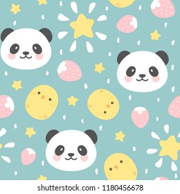 Cute Panda Seamless Pattern with chick and strawberry, Animal Background with stars and heart for Kids, Vector illustration