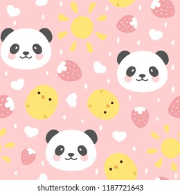 Cute Panda Seamless Pattern with chick and strawberry, Animal Background with stars and heart for Kids, Vector illustration