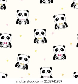 Cute Panda seamless pattern with colorful hearts