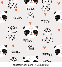 Cute Panda seamless pattern for fabric, rainbow, hearts, spirals and clouds around