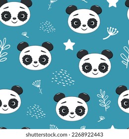 Cute panda seamless pattern, forest background with flowers and dots, vector illustration.