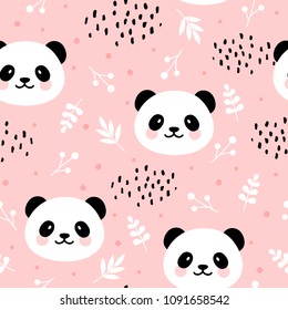 Cute panda seamless pattern, hand drawn forest background with flowers and dots, vector illustration