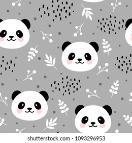 Cute panda seamless pattern, hand drawn forest background with flowers and dots, vector illustration