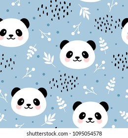 Cute panda seamless pattern, hand drawn forest background with flowers and dots, vector illustration svg
