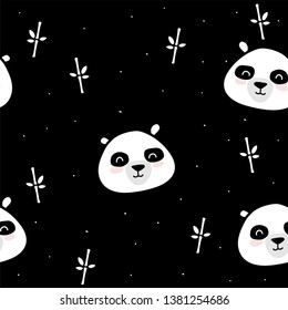 Cute panda seamless pattern, hand drawn forest background with flowers and dots, vector illustration