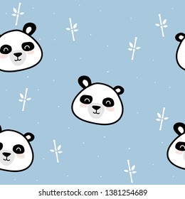 Cute panda seamless pattern, hand drawn forest background with flowers and dots, vector illustration