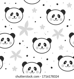 Cute panda seamless pattern, hand drawn forest background with flowers and dots, vector illustration