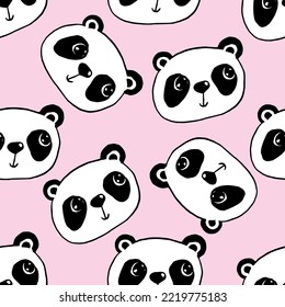 Cute panda seamless pattern, hand drawn pink background with faces of china bears vector illustration
