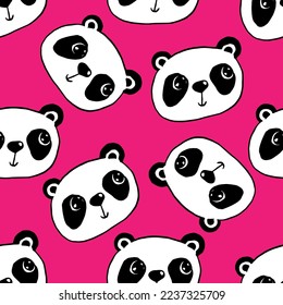 Cute panda seamless pattern, hand drawn pink background with faces of china bears vector illustration