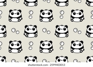 Cute panda seamless pattern, kawaii black and white vector design, cartoon bear background
