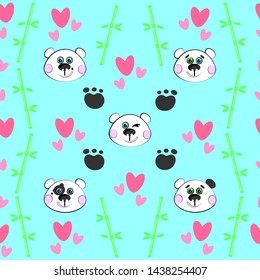 Cute Panda Seamless Pattern on blue. Background with Clouds for Kids