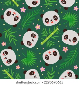 Cute panda seamless pattern. Summer repeat design. Babmoo leaves and palm leaf. Kawaii panda cartoon head seamless design tile. Cartoon animal chinese bear panda faces. Children fashion print fabric. svg