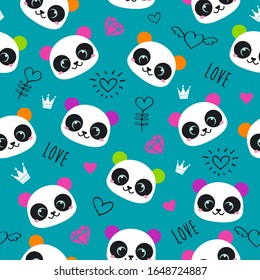 Cute panda seamless pattern. Panda vector pattern. Turquoise wallpaper for girls. Design for backpacks, clothes and wrapping paper.