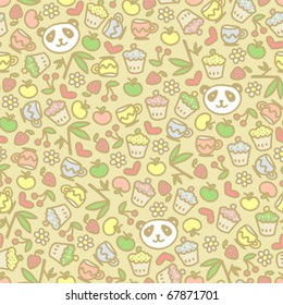 Cute panda seamless pattern, vector doodle illustration.