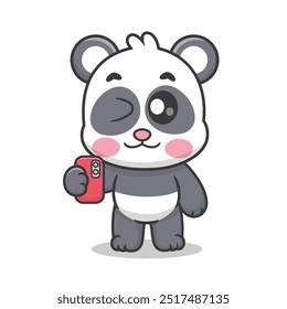 Cute Panda Selfie With Phone Cartoon Vector Icon Illustration. Animals Technology Cartoon Illustration Premium Vector, Cartoon Technology Style.