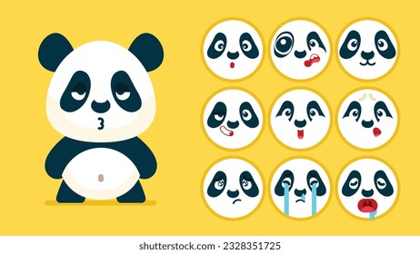 Cute Panda, eine Reihe von Tieremotionen, winzige Panda mit Emoji-Kollokation, Schlafen, Weinen, Traurig, gelangweilt, glücklich, aufgeregt, liebenswert, überrascht, unvorsichtig, selbstbewusst, erschreckt, betäubt, flat Vectoravatar