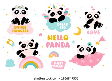 Cute panda set. Panda on a rainbow, on a cloud and a pillow. animals collection for sleeping.