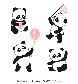 Lindo conjunto de panda. Ilustración vectorial de osos para niños