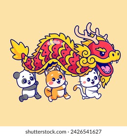 Cute Panda, Shiba Inu Dog And Cat Bring Dragon Chinese Barongsai Cartoon Vector Icon Illustration. Animal Holiday Icon Concept Isolated Premium Vector. Flat Cartoon Style